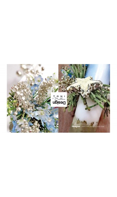 Lumanare botez scurta cu flori naturale delphinium si folie argintie personalizata 13